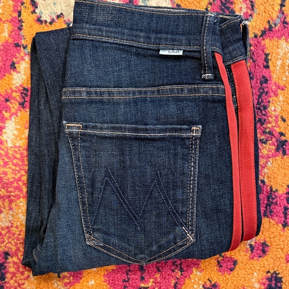 MOTHER Dark Blue Cropped Jeans with Red Stripes - Picture 9 of 9